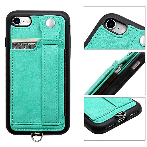 TOOVREN iPhone SE Case 2020/2022 Phone Lanyard Neck Strap for iPhone 8 Case with Card Holder iPhone 7 Wallet Case with Kickstand Leather PU Card Holder Wallet Adjustable Phone Necklace Green