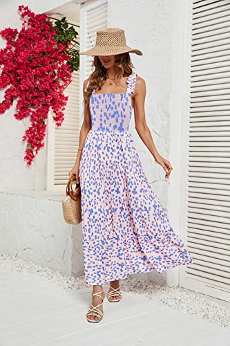 Image of kinstell Women's Summer Boho Spaghetti Strap Square Neck Ruffle Casual Flowy Long Dress Beach Swing Party Maxi Dress