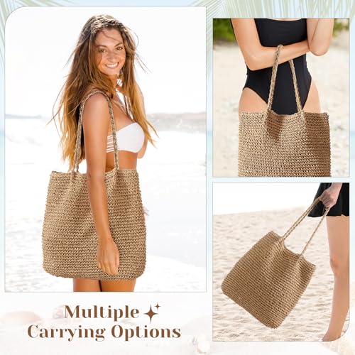 Image of Pleneal Straw Beach Bags for Women - Women Beach Handmade Woven Tote Bag, Summer Mesh Hollow Shoulder Bag for Holiday