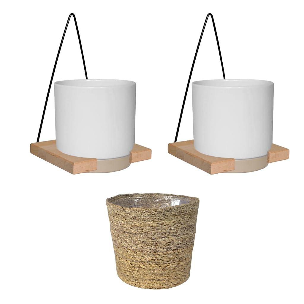 3er Blumentopf Set | 2X Keramikübertopf Weiß (13 cm), 1x Seegraskorb Natur (14 cm) | hängende Blumenkübel für Pflanzen und Kräuter | Boho Deko