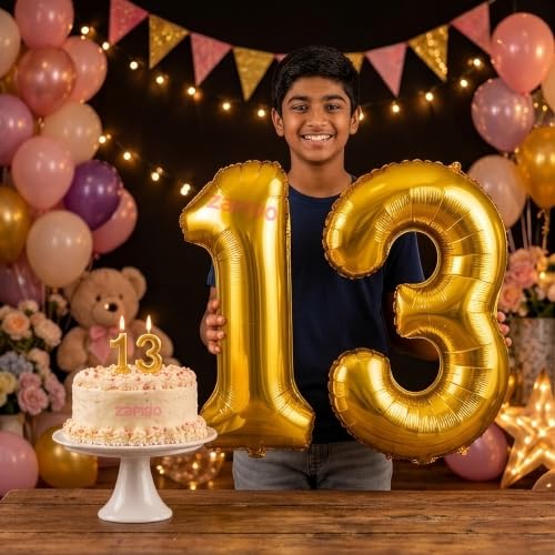 Image of Balloonistics Gold 40-Inch Foil Number 13 Balloon with Matching Number Candle - Combo Set for 13th Birthday Decoration, Party Backdrop, Cake Table Decor