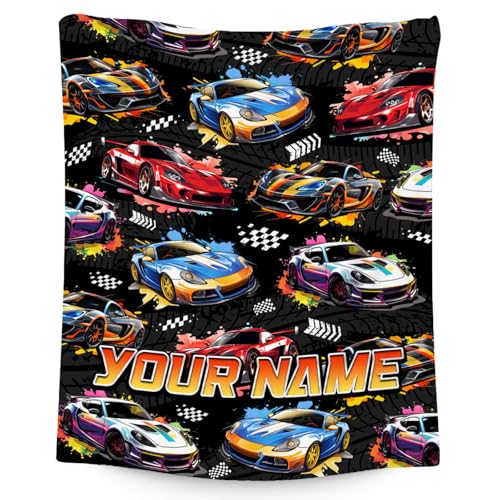 GiftoFLUX Boys Blanket Personalized Racing Car Blankets Gifts for Kids Toddler - Custom Name Plush Cozy Flannel Throws (4 Sizes)