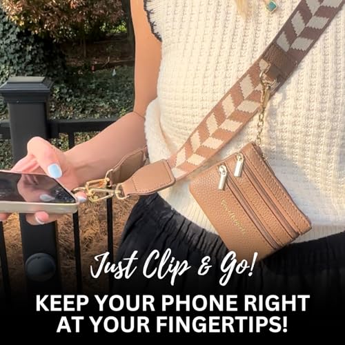 Image of Save the Girls Original Clip and Go Phone Strap Pattern (Chevron Brown /Cream) - Crossbody Phone Strap Chain with Zipper Wallet Pouch - Phone Lanyard Zippered