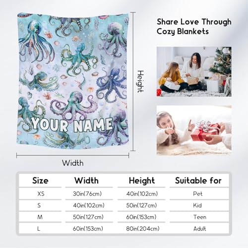 Custom Octopus Blanket with Name for Girls Boys, Cute Soft Gifts for Ocean Lovers, Cozy Flannel Throw for Bed Travel, 50" x60Custom