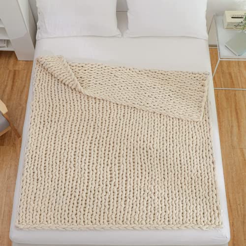Yaapsu Chunky Knit Blanket Throw 51X63, Chenille Throw Blankets, Chunky Knitted Throw Blanket For Couch & Bed, Soft Large Knit Throw Blankets Chunky Yarn, Big Thick Cable Knit Crochet Blankets (Beige) #TOP1