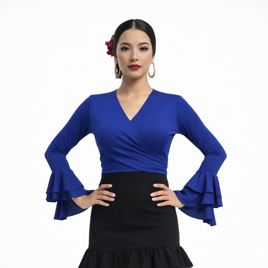 Bolero Torera Top Cruzado Flamenco Tejido elástico Manga Larga con Dos Volantes — view 3
