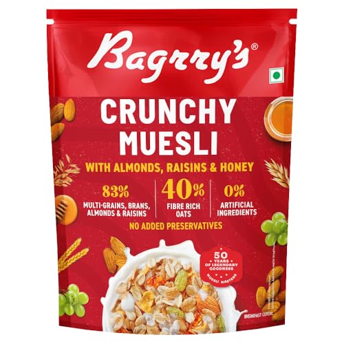 Image of Bagrry's Crunchy Muesli - 425g | 83% Multigrain, Brans, Almonds, Raisins & Honey | 40% Fibre Rich Oats | High Fibre and Protein Breakfast Cereal | No Added Preservatives | Non-GMO Oats | 100% Natural | Trans Fat & Cholesterol Free