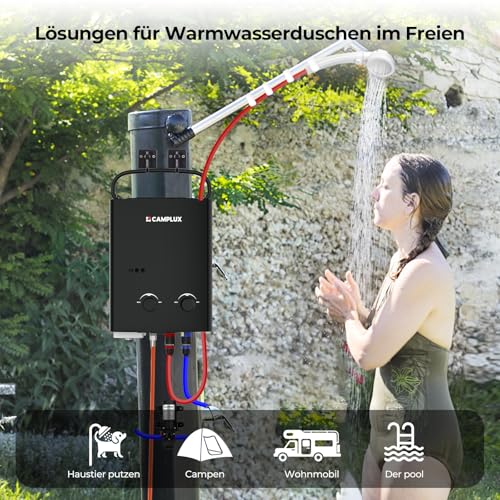 CAMPLUX AY132BP43-DE 5 Liter Gasdurchlauferhitzer mit 4,3L Wasserpumpe, Tankloser LPG Wassererhitzer mit Klappbarem Griff, für Camping Dusche/RV Reise/Waschen Pferd, Schwarz, 50mbar
