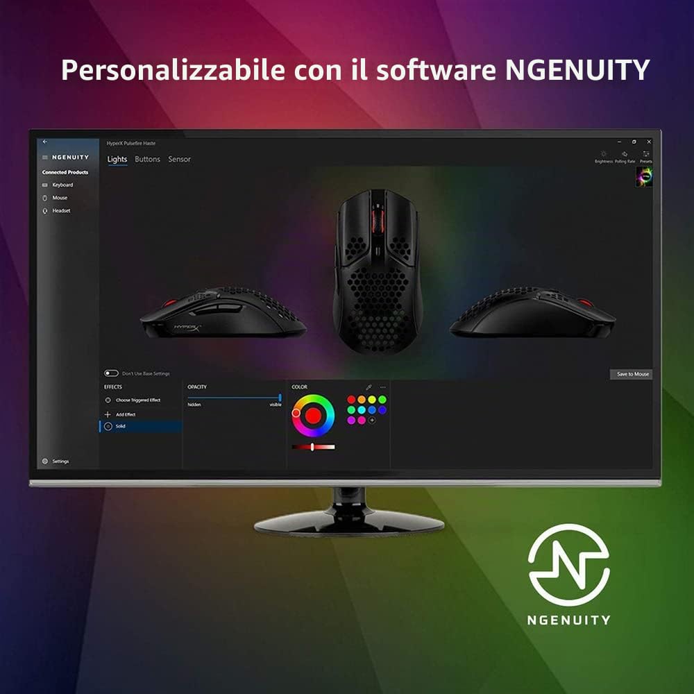 HyperX Pulsefire Haste, Mouse Gaming Cablato, Illuminazione RGB, 6 Tasti Programmabili, 16000 DPI, Resistenza fino a 60 Milioni di Clic, Cavo HyperFlex, Compatibile con Diverse Piattaforme, Nero/Rosso