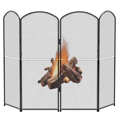 OYEAL Fireplace Screen Stand Black 4 Panel Fireplace Cover Metal Fire Spark Guard Cover Foldable...