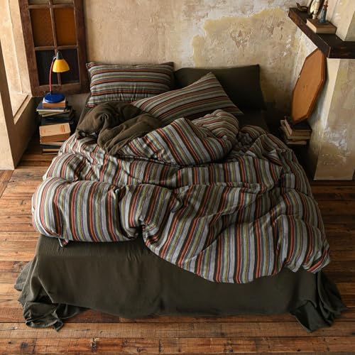 Image of VM VOUGEMARKET Vintage Striped Double Layer Gauze Duvet Cover Set Queen,Boho Multicolor Stripes Bedding Set,Soft Breathable Muslin Cotton Comforter Cover for Cottagecore Cozy Cabin Bedroom Decor