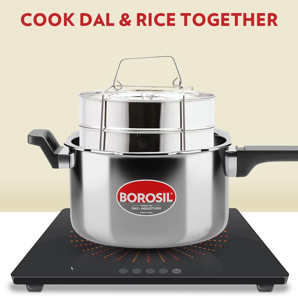 Borosil 5 L Triply Outerlid Presto Cooker | SS304 Food Grade Stainless Steel Pressure Cooker | Gas Stove & Induction Compatible | Dishwasher Safe | 5 Years Warranty