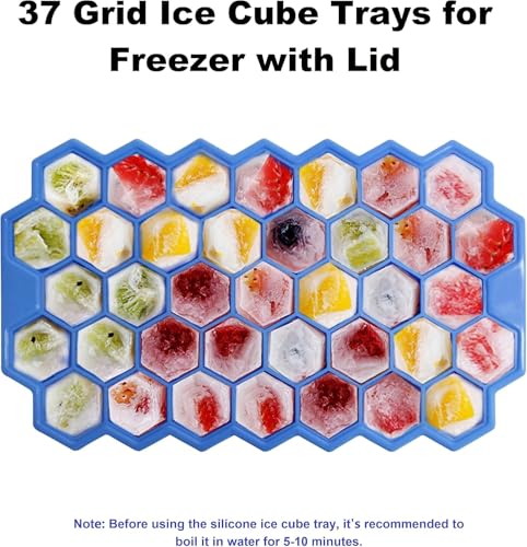 Image of CLOUDVALLEY 4 Pack Silicone Ice Cube Trays with Lid Easy-Release Hexagon Ice Maker for Freezer, Reusable Food-Grade Ice Molds for Cocktails, Whiskey, Iced Coffee, Smoothies & Home Bar (Blue)