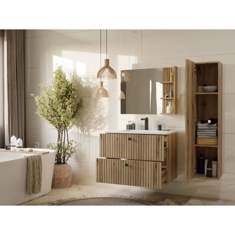 Meuble sous-lavabo suspendu CDF avec 2 tiroirs, meubles de salle de bain avec façades à lamelles et poignées – Rangement pour accessoires de bain, cosmétiques, serviettes – Design moderne Tigo 802S