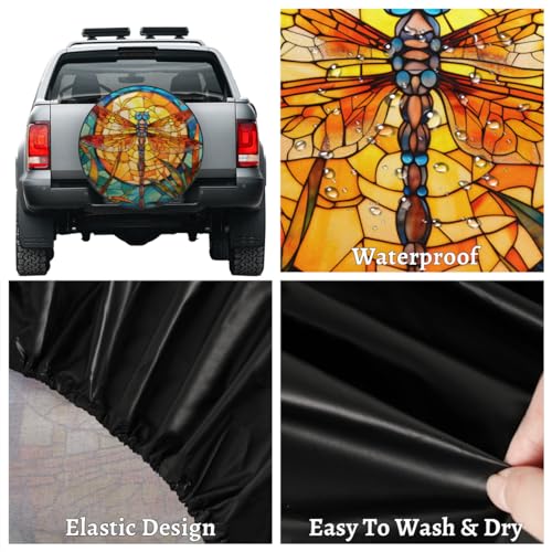 Image of Spare Tire Cover Glass Dragonfly Wheel Covers Protectors Waterproof Dust-Proof Universal Fit Trailer, RV, SUV and Many Vehicle 15 inch