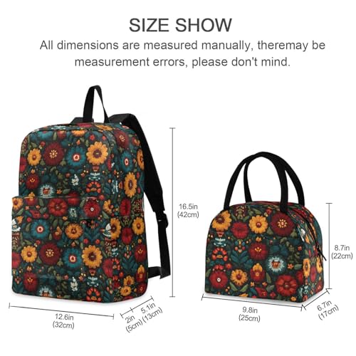 Mexico Floral Print Backpack Set with Lunch Bag, Large Capacity Travel Backpacks and Lunch Box Insulated for Commute Hiking Picnic2