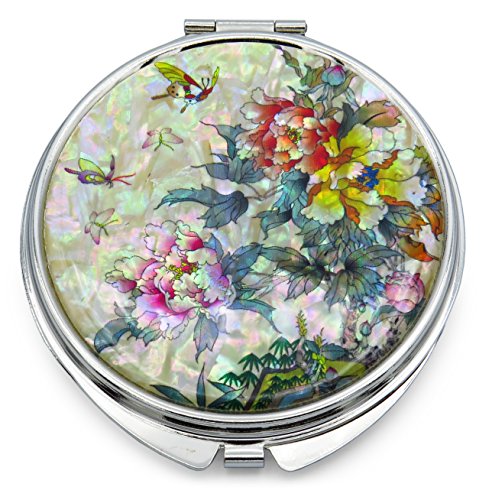 Espejo compacto redondo con aumento flores mariposas