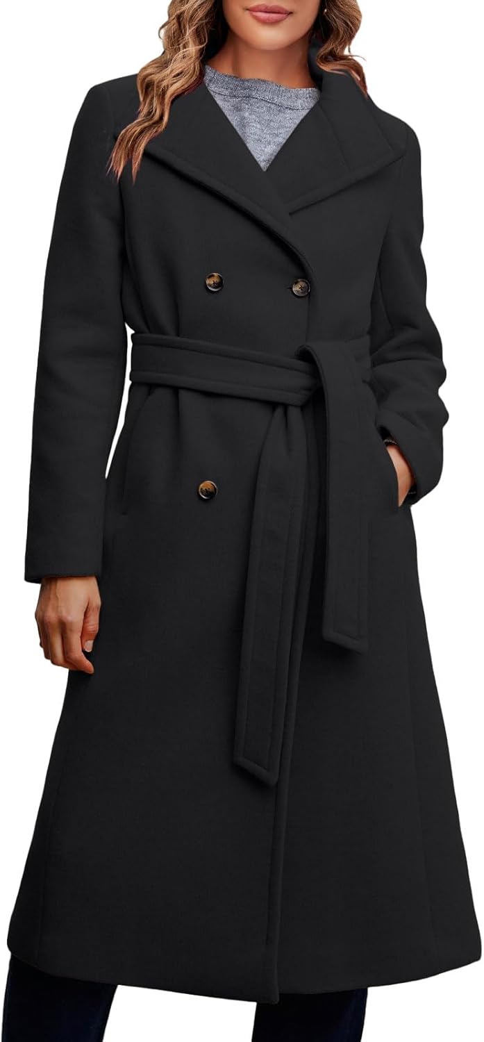 Fisoew Women Double Breasted Coats Long Winter Work Office Overcoat Pocketed Outwear with Belt