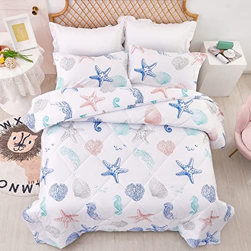 JSD Beach Theme 2 Piece Kids Comforter Set Twin, Jellyfish Starfish Shell Printed Comforter with Pillow Sham, Soft Comfortable Machine Washable 7 51ckoi3nHOL. AC