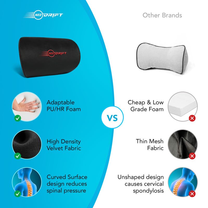 Image of Neodrift 'CurveNeck' - Neck Rest Cushion Orthopedic Velvet Memory Foam Pillow for Neck, Head, Shoulder Support - Pain Relief for Car, Set of 2 (Colour-Black+Red)
