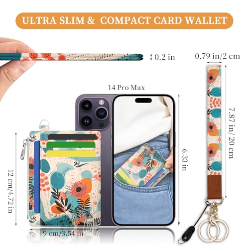 Image of Hancynir Slim Wallet Women Credit Card Holder, Abstract Boho Floral RFID Blocking Front Pocket Wallet Wristlet Keychain Lanyard, Small Cute Thin Travel Zipper Coin PU Leather Card Case Organizer Gifts