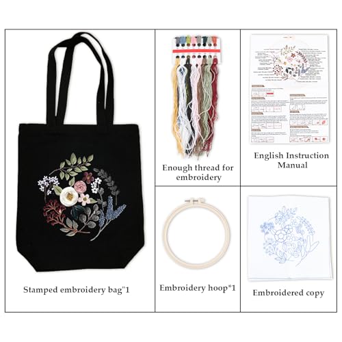 Sticken Set mit Leinentasche Stickset Canvas Tote Bag Anfänger Erwachsene Stickerei Blumenmuster Mit Werkzeug und Anleitung Kreuzstich Kit Stickpackung für Anfänger Erwachsene und Stickereiliebhaber