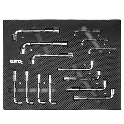 Stix Lot de 14 outils Cr-V pour servante d'atelier, insert en mousse pour tiroir de servante avec clés à douille coudées.