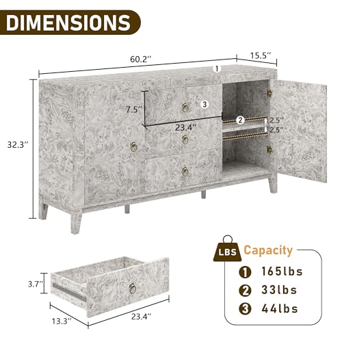 Image of LUXOAK 60 inch Glossy Burl Wood Sideboard Buffet with Storage