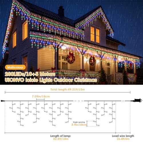 UIONVO Icicle Lights Outdoor Christmas Outside - 10M/32FT Multicolour Hanging House Xmas Lights Waterproof Connectable Mains Powered Decorations Light for Roof Indoor Window Garden - Image 7