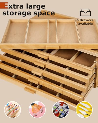 DJAR 6-Drawer Art Supply Storage Box, Portable Beech Wood Organizer with Removable Dividers for Brushes, Pastels, Markers, and Other Art Tools, Natural DJAR 6-Drawer Art Supply Storage Box, Portable Beech Wood Organizer with Removable Dividers for Brushes, Pastels, Markers, and Other Art Tools, Natural - Image 5
