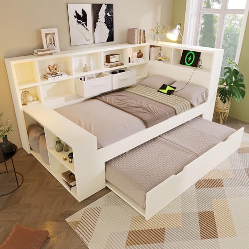 Huayz Sofá cama de madera con cama nido, 90 x 190 cm, cama individual con puertos de carga USB/tipo C y espacio de almacenamiento, dos cajones, cama juvenil con somier, sin colchón, blanco (90 x 190