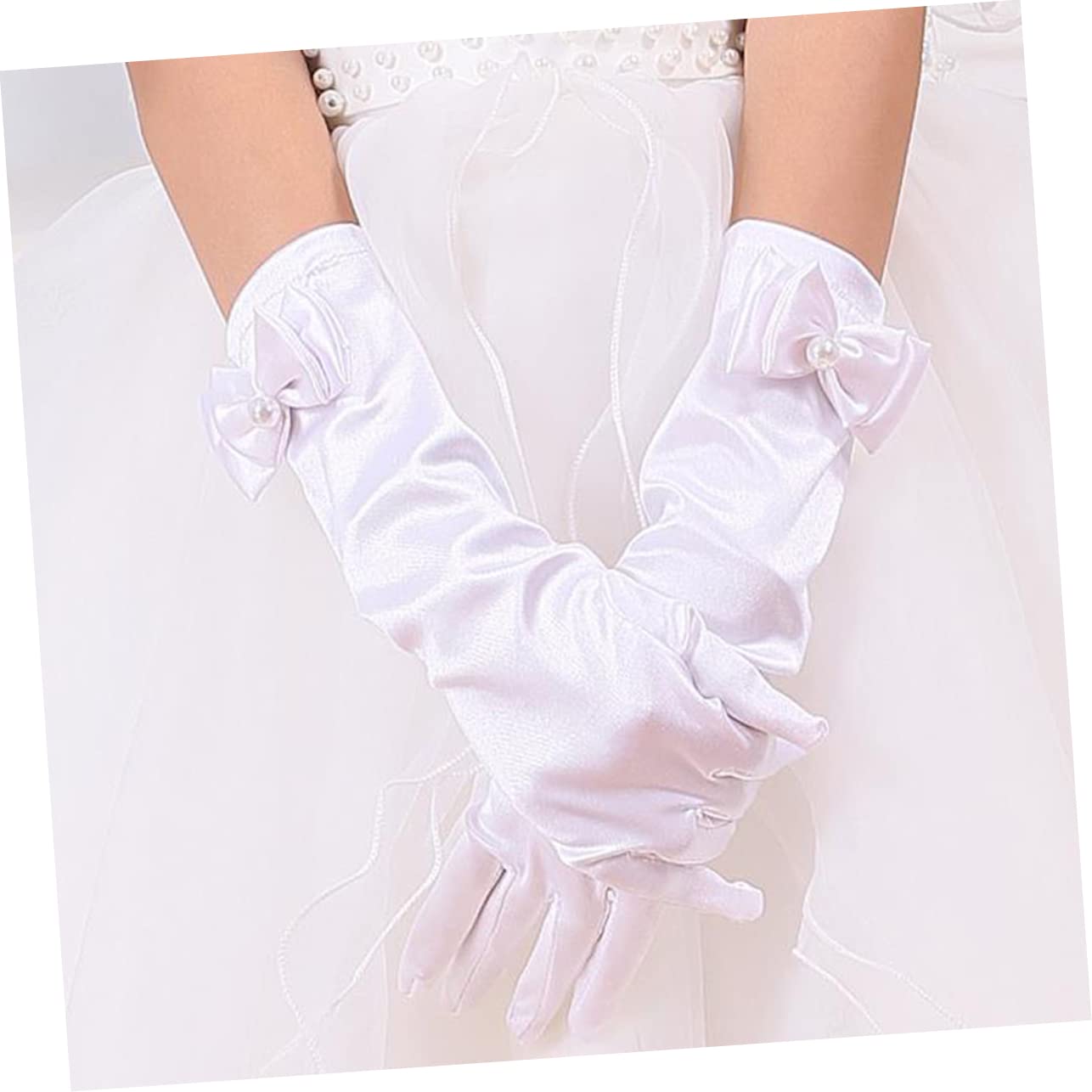 VANZACK 3 Pairs Girls Satin Gloves White Glitter Dance Gloves for Kids Bridal Party