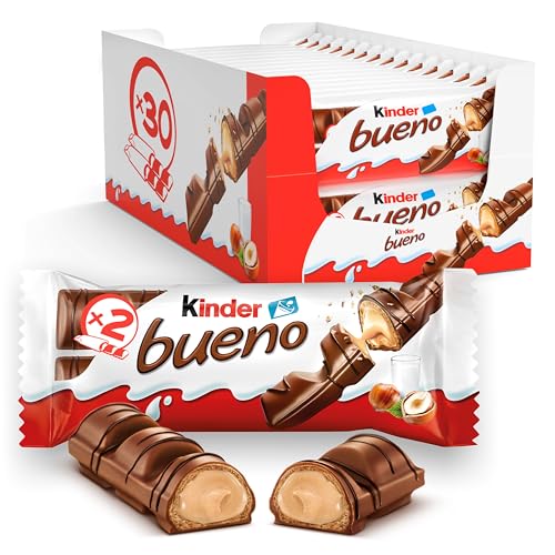 Kinder Bueno - 60 Snack al Cioccolato e Nocciola, un Wafer Ripieno di Crema alle Nocciole Ricoperto di Cioccolato Kinder, Pacco da 30 Confezioni