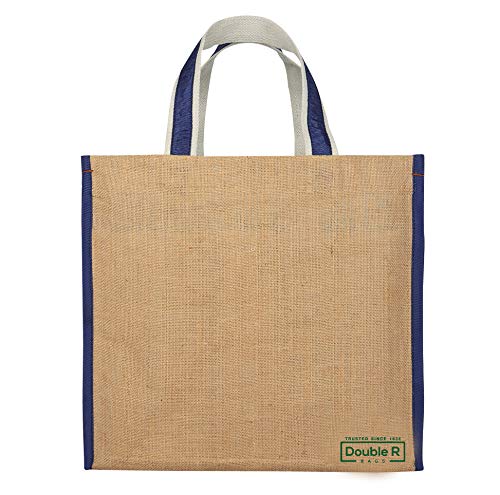Image of DOUBLE R BAGS Big Heavy Duty Eco Reusable Jute Cloth Shopping Bag with 6 Pockets & Reinforced Handles | Grocery, Milk, Fruits & Vegetable Carry Organizer Tote | Navy, 45x17x35 cm, 1 Compartment
