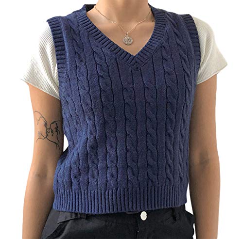 Women Preppy Style Knitwear Tank Top V Neck Argyle Plaid Sweater Vest Crop Top Y2K E-Girls Streetwear (B-Solid Navy Blue, S)