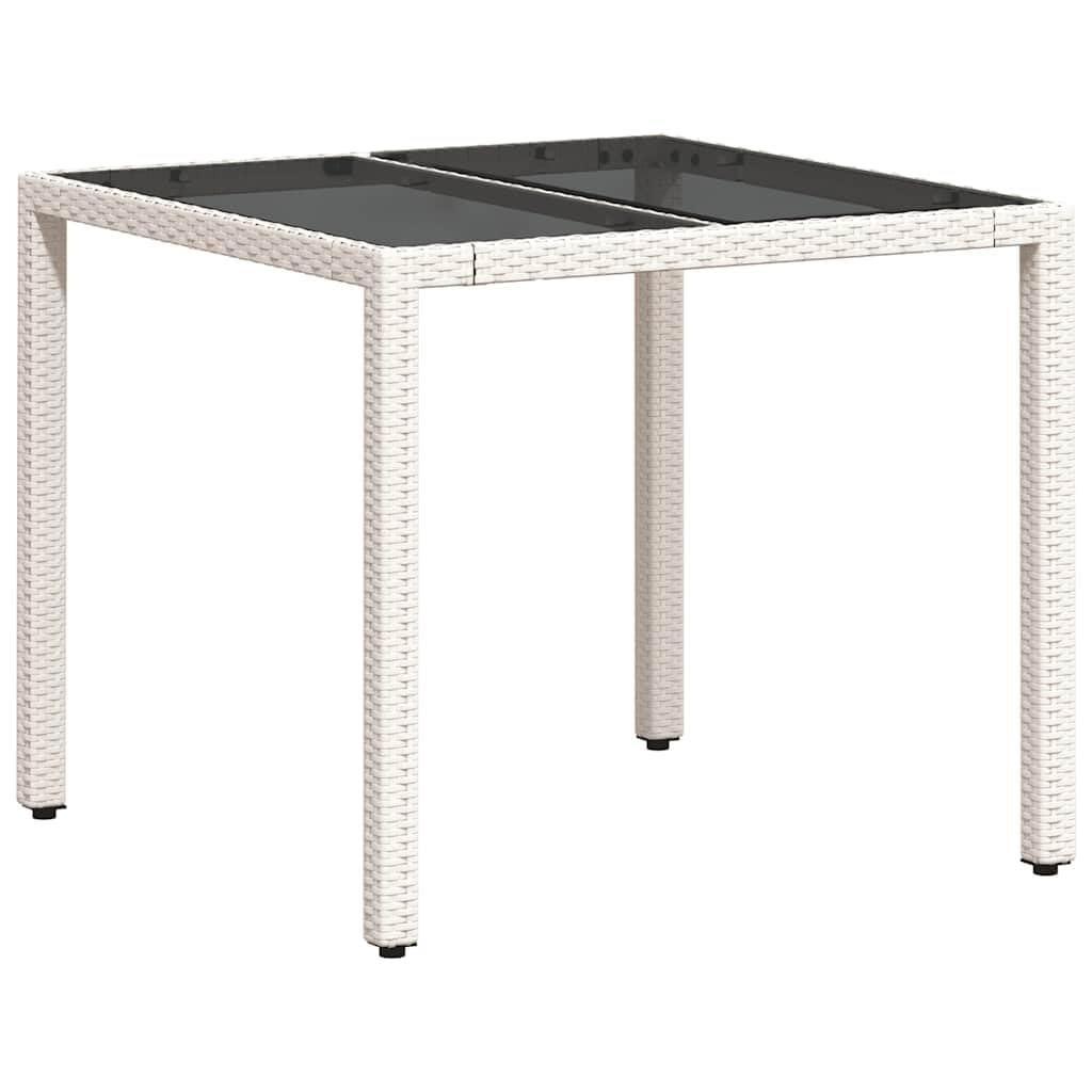Stół ogrodowy ze szklanym blatem, biały, 90 x 90 x 75 cm, polirattan, odporny na warunki atmosferyczne, stal malowana proszkowo, stół tarasowy, stół balkonowy, meble ogrodowe