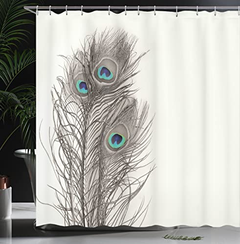 ABAKUHAUS Peacock Shower Curtain, Feathers of Exotic Bird on White Backdrop Bohemian Wildlife Composition - Image 3
