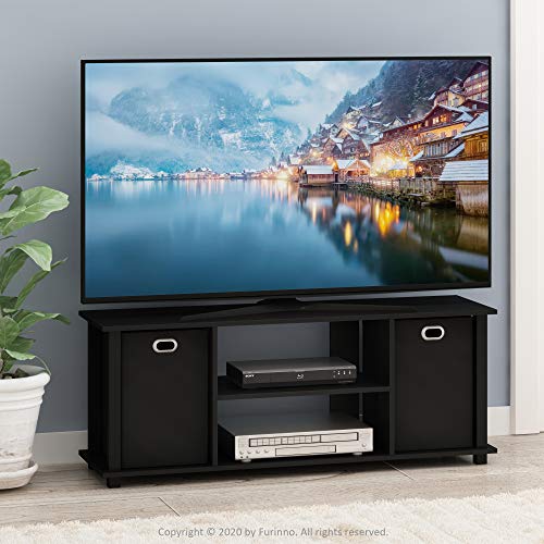 Image of Furinno Econ Entertainment Center, Black /Black | Open Back and Storage Bins, TV Console for TV up to 46 Inch, for Living Room, Bedroom