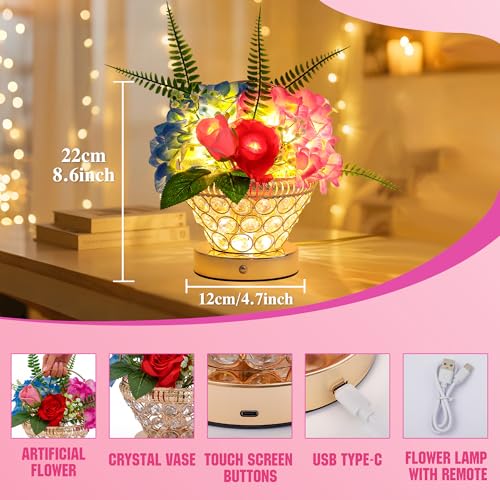 Image of Birthday Gifts for Women, Gift Basket for Mom Blue & Pink Hydrangea Rose Cordless Table Lamp, 3 Color Crystal Lamps Touch Bedside Lamps with USB Charge Small Night Light for Bedroom
