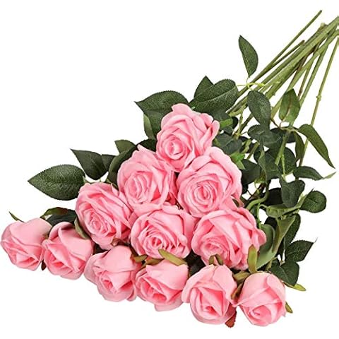 Hawesome 12PCS Artificial Roses Fake Flowers Single Long Stem Blooms With Rose Buds Wedding Decoration Bridal Bouquet Decorative Flower Arrangement Home Decoration Party Centerpieces in Pink Cover