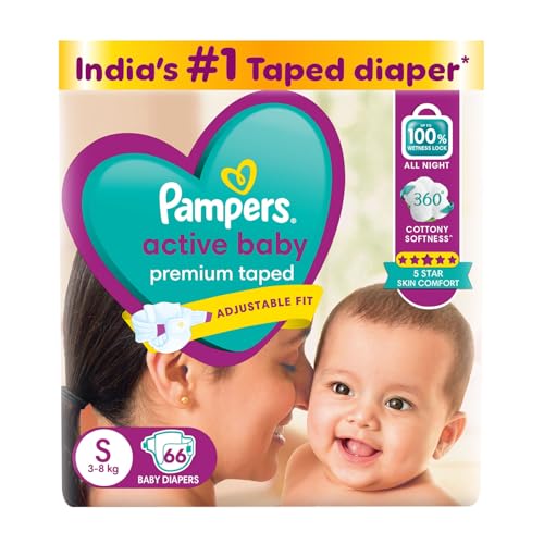 Image of Pampers Active Baby Taped Diapers, Small size diapers, (S) 66 count, taped style custom fit