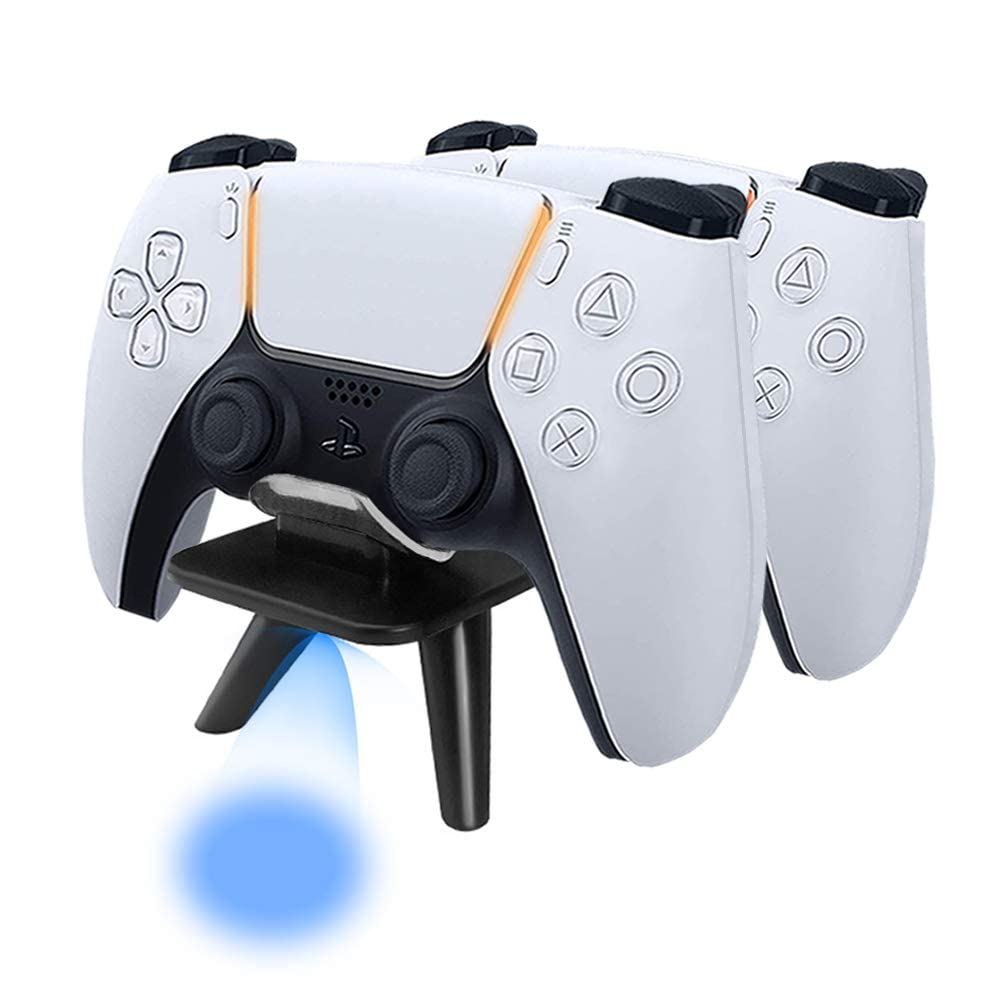 Excefore Controller Charger for PS5, Click in Fast Dual Charge Station Stand Dock with Fashion Blue LED Projection Light for Playstation 5 Controllers