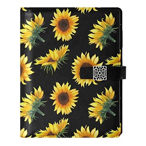 Leather Journal Notebook - Sunflowers Black Background Travel Journal Writing Notebook Binder with Pockets Daily Planner Diary Book for Office School Business Cover