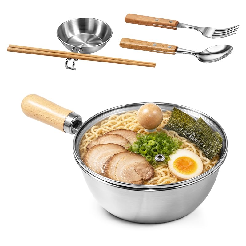 Korean Ramen Pot Set 18/8 Stainless Steel Ramen Cooking Pot with Glass Lid Coating-Free One-Person Dining Set Wooden Handle Bowl Fork Spoon Chopsticks&Sauce Dish Safe for Gas Stove