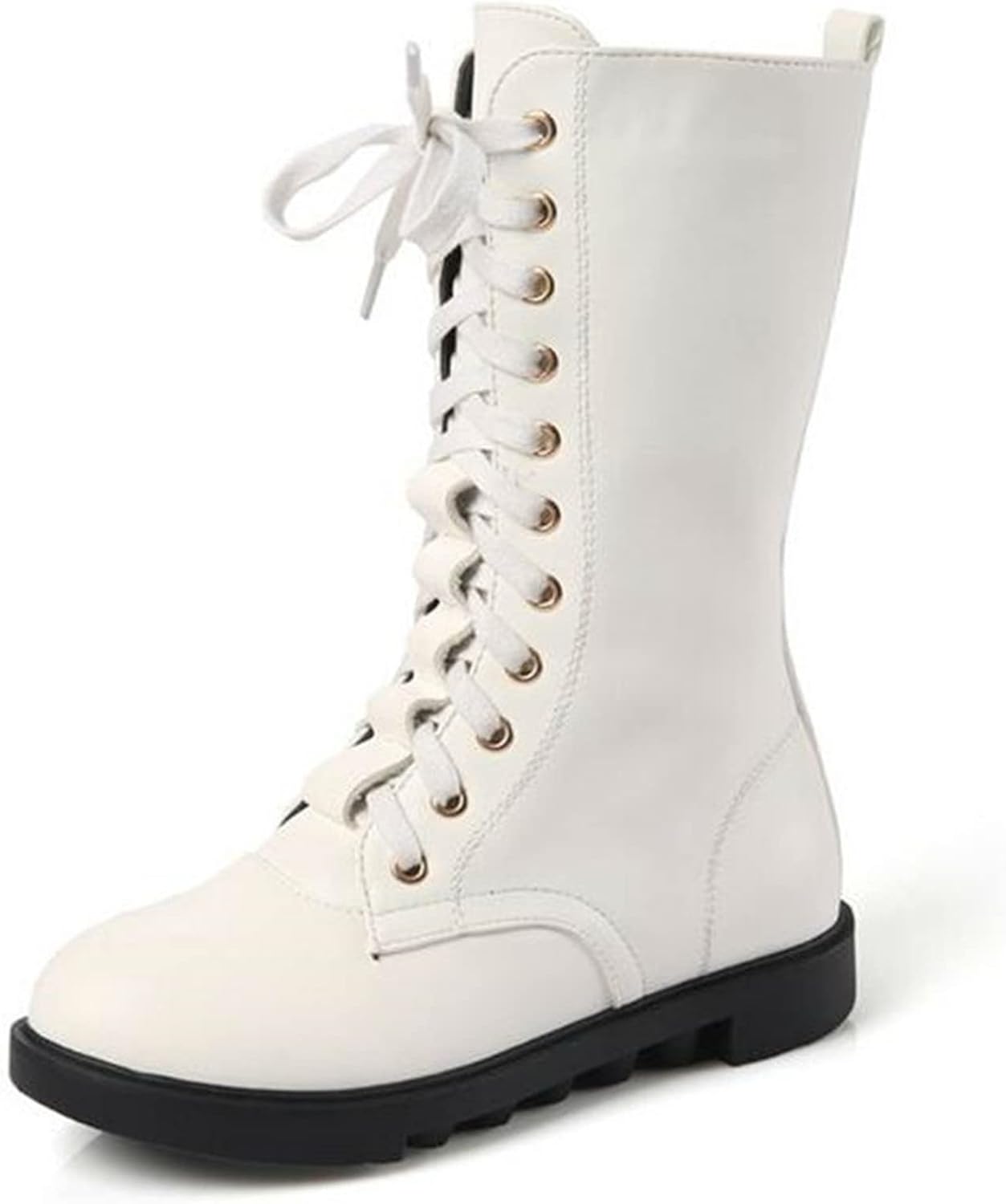 DADAWEN Kid's Girls Leather Lace-Up Zipper Mid Calf Combat Riding Winter Boots (Toddler/Little Kid/Big Kid)
