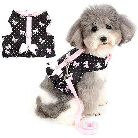 Zunea Small Dog Girl Harness and Lead Set No Pull Chihuahua Dress Escape Proof Cat Kitten Vest Harness Step-In Soft Cotton Padded Polka Dot Puppy Jacket Clothes with Cute Bow for Walking Black XS Cover