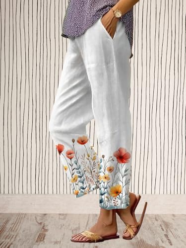 Boho Floral Pants for Women Casual Lightweight Straight Leg Pants Comfy Elastic Waisted Women's Trousers Pockets4