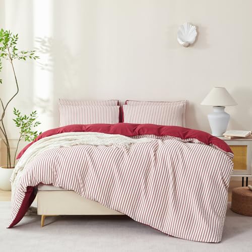 Image of Red Striped Comforter Set Queen - 3 Pieces Bedding Comforter Set for All Season, Soft Lightweight Washed Microfiber, 1 Striped Comforter and 2 Pillowcases (Red, Queen Size)