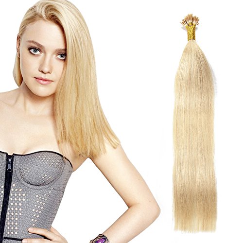 Keratin Bond I Tip Hair Extensions Remy Human Hair Natural Straight Hair 100 Strands (16inch, Bleach Blonde01)