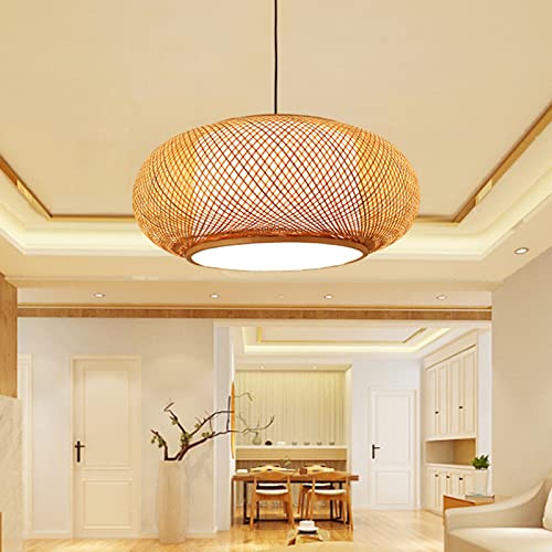 LITFAD Antique Lantern Pendant Lighting Rattan Single Light Weaving Natural Wooden Ceiling Hanging Light Beige Bamboo Ceiling Fixture with Adjustable Cord for Dining Room Living Room Restaurant - 16"